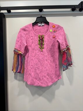 Bright Pink Eyelet Top with Colorful Patchwork Sleeves